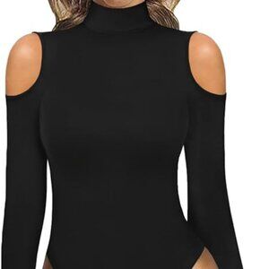 MANGOPOP Women's Black Mock Neck Coled Shoulder Long Sleeve Bodysuit Medium